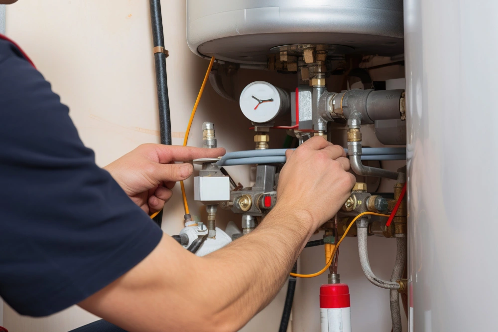 Hydraulic mechanic installer repairs an electric water heater